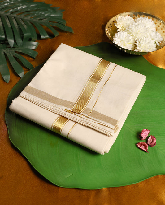 Traditional off white colour pure cotton dhoti featuring an elegant golden zari border, blending simplicity with timeless grace, making it a perfect choice for weddings, festivals, and auspicious occasions.