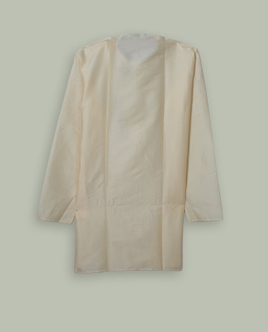 Cream colour mens kurta featuring elegant embroidery on the neckline & Crafted in a refined style with full sleeves, offering a perfect blend of tradition.