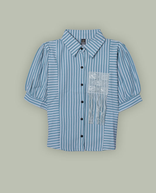 Blue & white colour shirt top with decorative front button & stripped body, thread pattern and sleeve.
