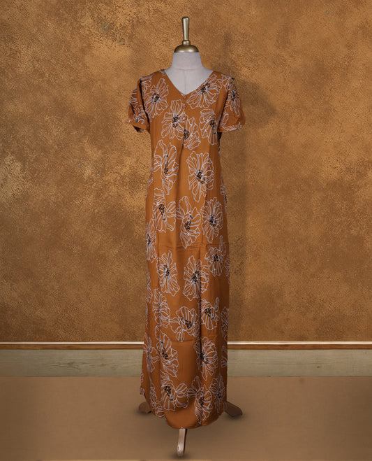 Brown colour NStyle nighty featuring white floral patterns, a V-neckline with button detailing, short sleeves, and a full ankle-length design