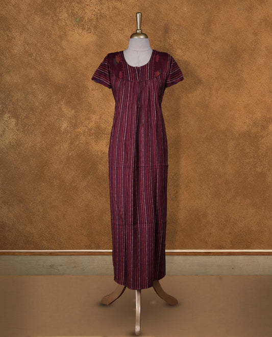 Deep Brown colour Nstyle nighty with featuring a White floral pattern, a Round neckline with diamond pattern, Short sleeve, and a full-length