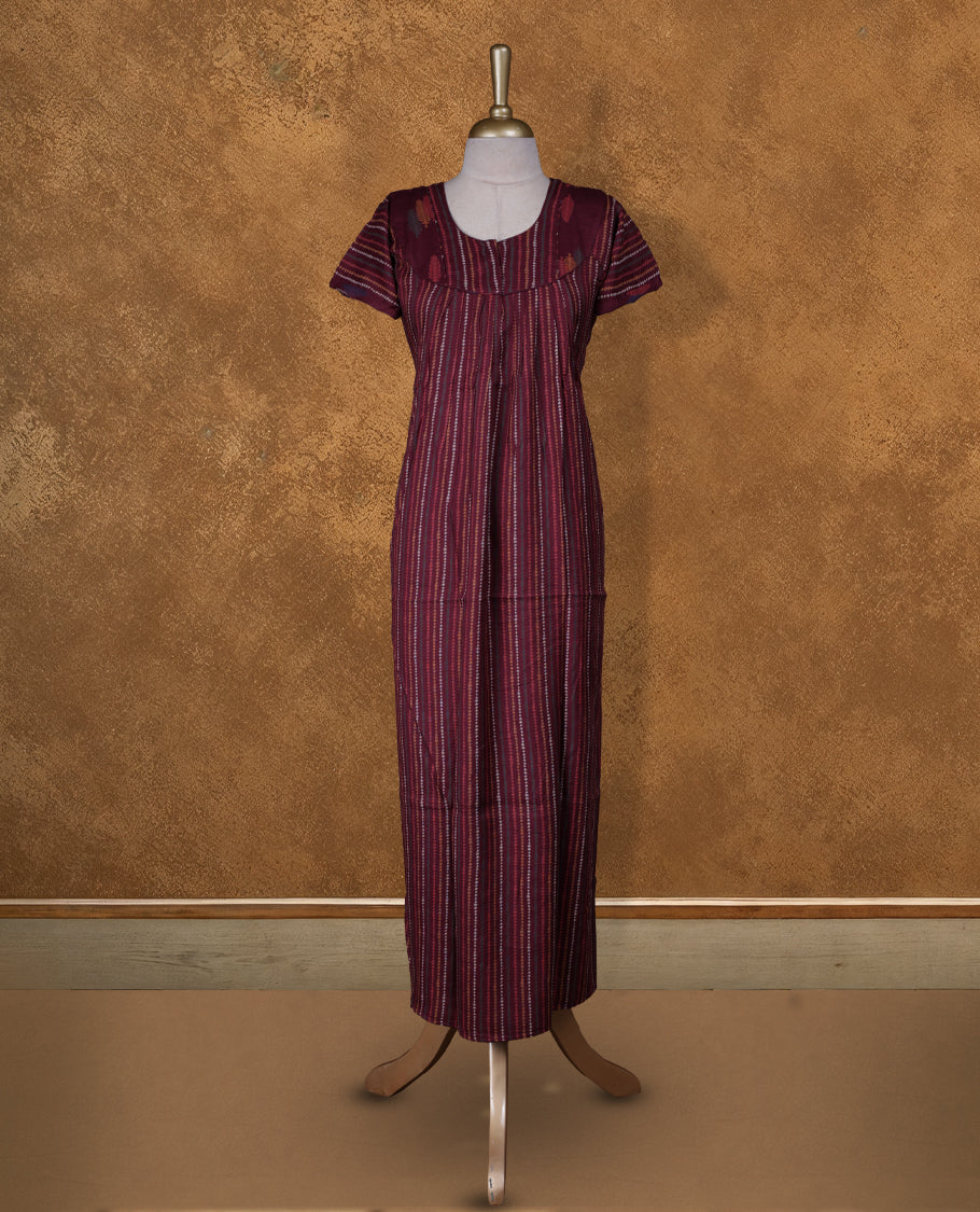 Deep Brown colour Nstyle nighty with featuring a White floral pattern, a Round neckline with diamond pattern, Short sleeve, and a full-length