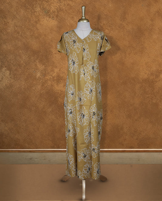 Mustard colour NStyle nighty featuring white floral patterns, a V-neckline with ruffled detailing, short sleeves, and a full ankle-length design.