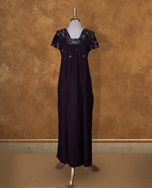 deep dark purple colour NStyle nighty featuring Coloured floral patterns, a V neckline , short sleeves, and a full ankle-length design.