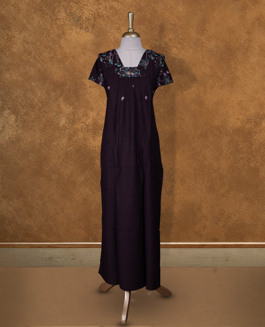deep dark purple colour NStyle nighty featuring Coloured floral patterns, a V neckline , short sleeves, and a full ankle-length design.