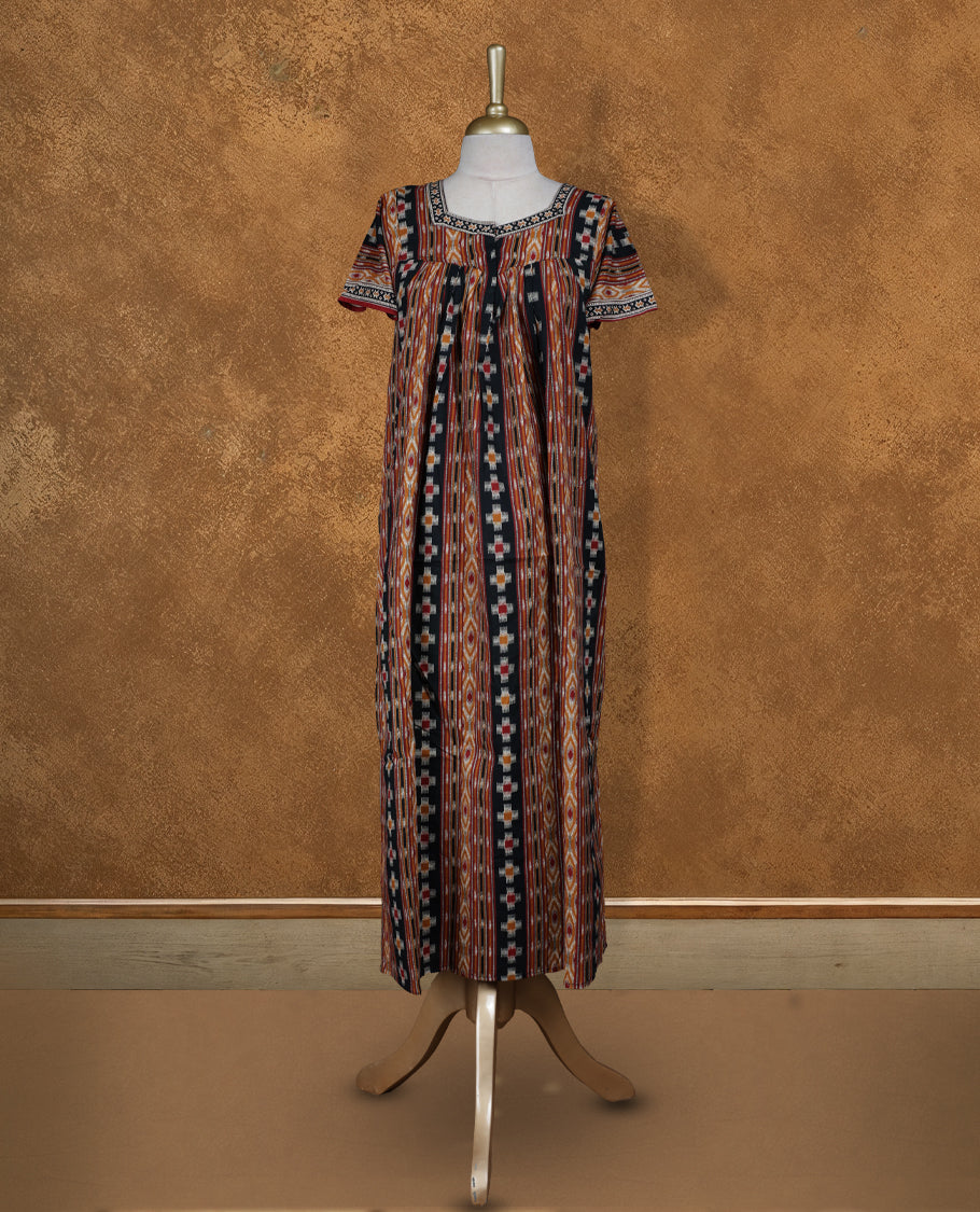 Multicolor colour NStyle nighty featuring tribal striped patterns, a diamond neckline, short sleeves, and a full ankle-length design.