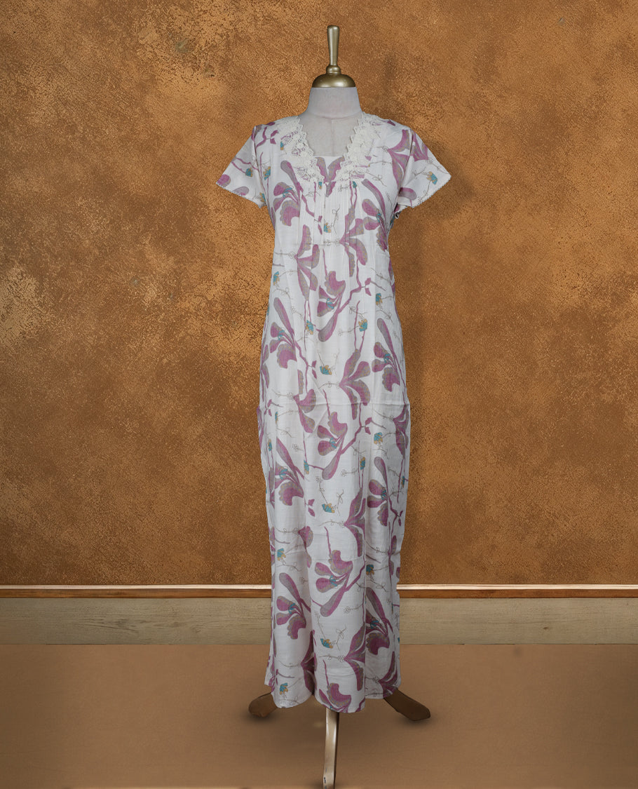 Off white colour NStyle nighty coloured featuring floral pattern, a V neckline with lace details , short sleeves, and a full ankle-length design.