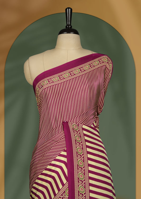 Maroon and beige colour striped saree with elegant embroidered borders and abstract beige pallu accents & Paired with matching blouse.