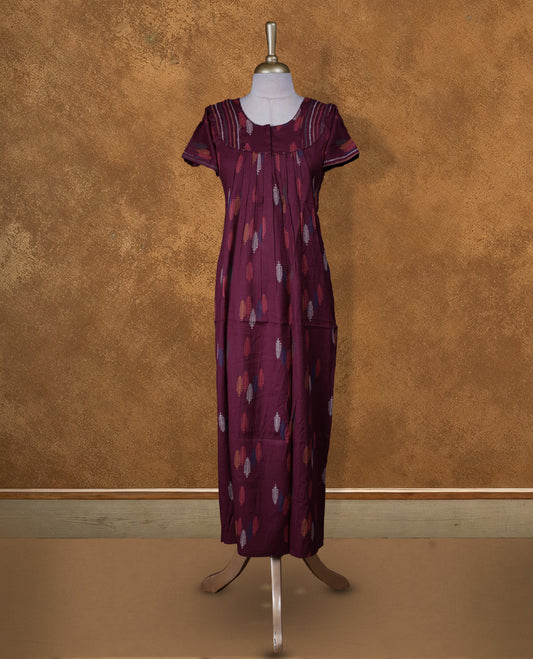 Wine Burgundy Nighty Featuring Elegant Feather Patterns, Round Neckline with Lace Border, Short Sleeves, and Full Ankle-Length Design