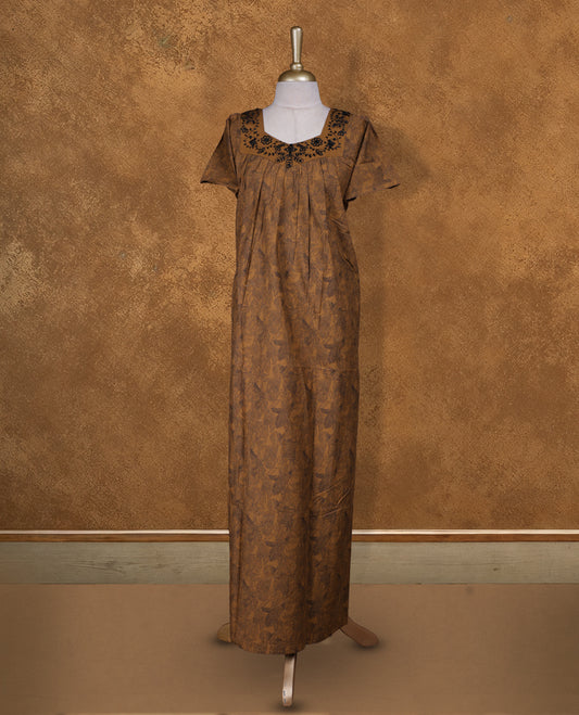 Khaki colour NStyle nighty featuring Black Floral patterns, a Diamond neckline with Black thread design, short sleeves, and a full ankle-length design.