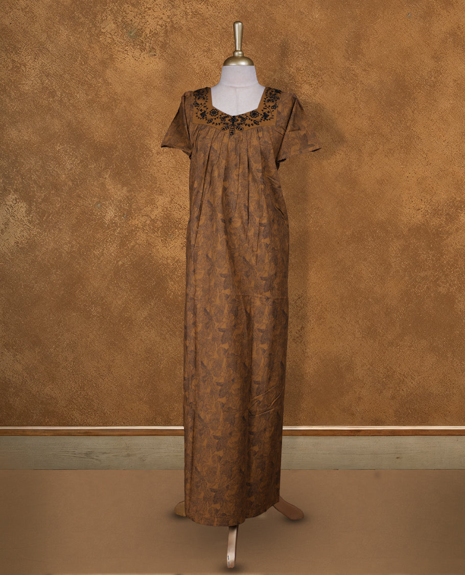 Khaki colour NStyle nighty featuring Black Floral patterns, a Diamond neckline with Black thread design, short sleeves, and a full ankle-length design.