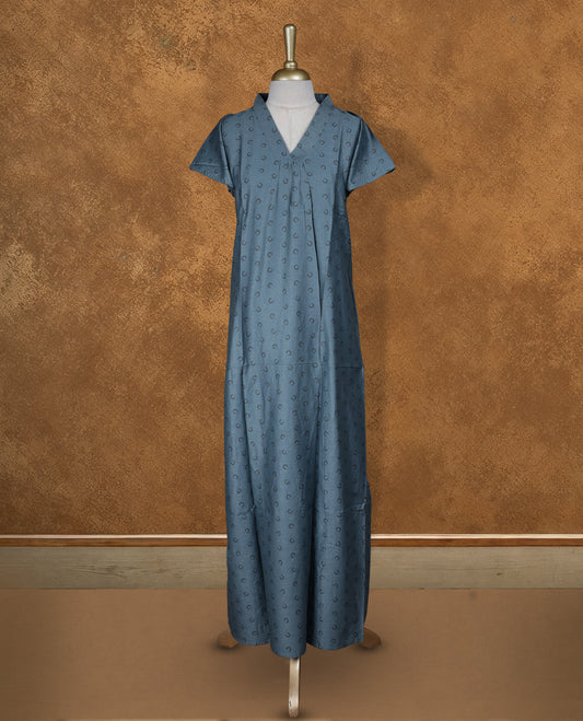 Dusty blue colour Nstyle nighty with featuring a Black moon pattern, a V neckline, Short sleeve, and a full-length