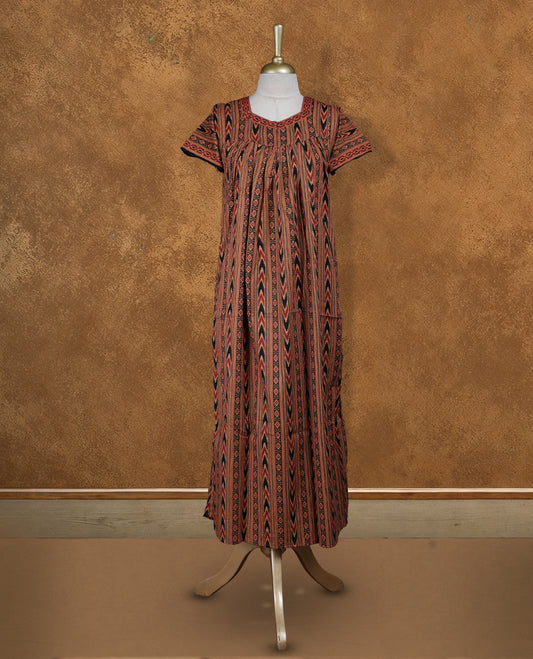 Dull orange colour Nstyle nighty with featuring a black and red Geometric pattern, a Diamond neckline, Short sleeve, and a full-length