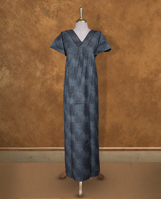 Ash blue colour NStyle nighty featuring BLack patterns, a V neckline with thread patern, short sleeves, and a full ankle-length design.