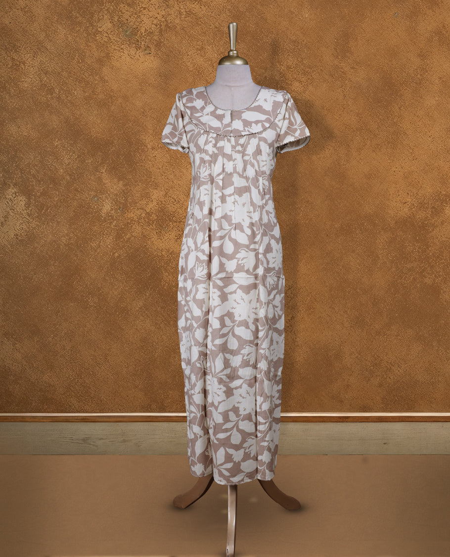 Khaki colour NStyle nighty featuring Cream Leaf patterns, a Round neckline and thread border, short sleeves, and a full ankle-length design.