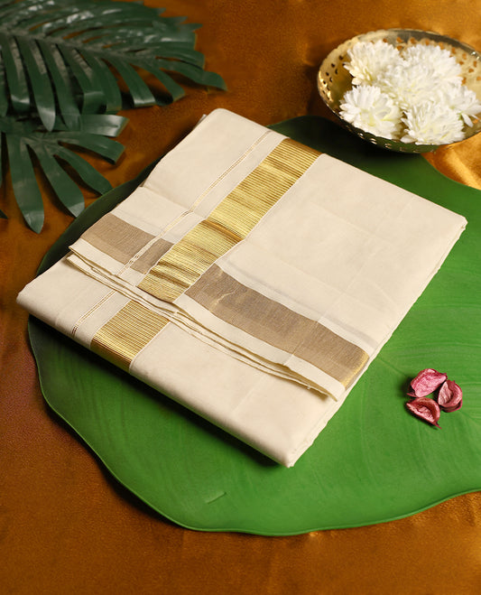 Classic off white cotton double dhoti enhanced with a broad golden zari border, offering a timeless and regal traditional look, perfect for weddings, festive occasions, and cultural ceremonies.