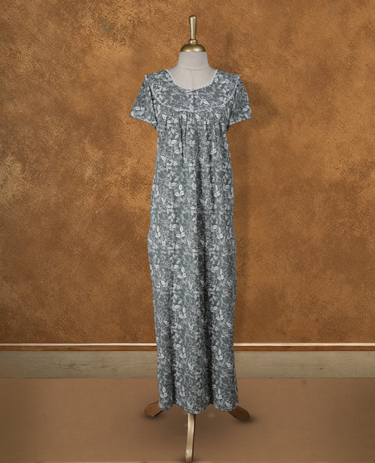 Dark thyme colour NStyle nighty featuring white colour floral patterns, a Diamond neckline with thread details , short sleeves, and a full ankle-length design.