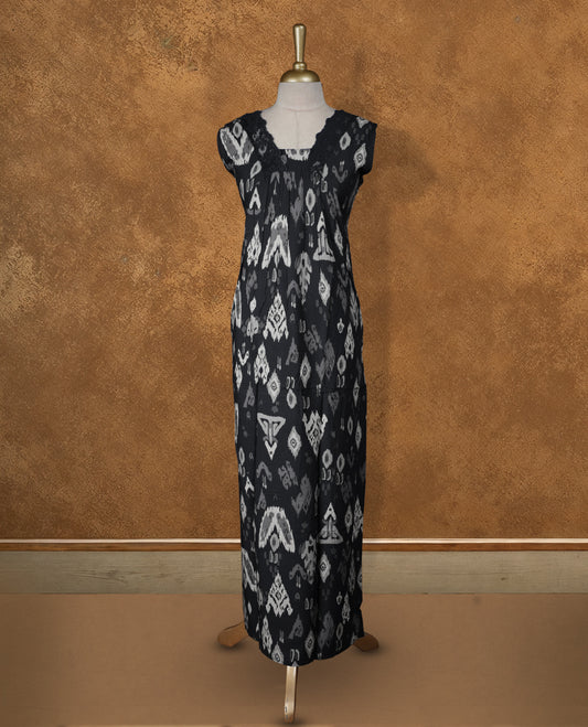 black colour Nstyle nighty with featuring a White & lavender  pattern, a V neckline with lace detailing, sleeveless, and a full-length