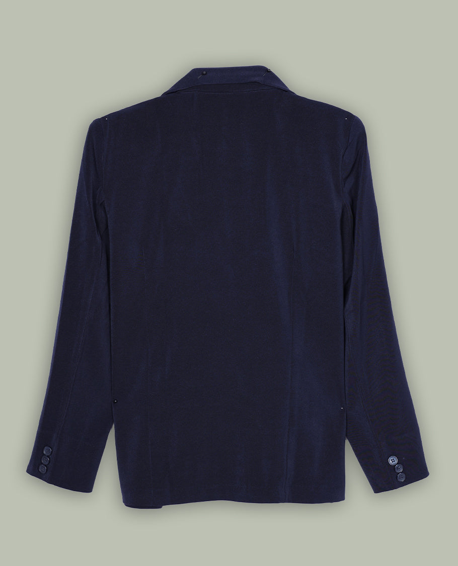 Dark Navy Blue colour blazer featuring a notched lapel collar, button-front closure and flap pockets, finished with long sleeves and a tailored silhouette.