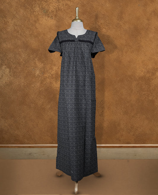 Black colour Nstyle nighty with featuring a gray floral pattern, a round with V-neckline with lace detailing, short sleeves, and a full-length