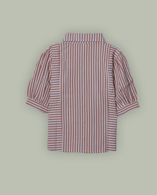 Orange & white colour shirt top with decorative front button & stripped body, thread pattern and sleeve.