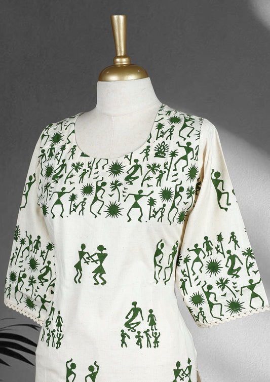 Off white colour cord set with green Warli inspired prints, featuring a round neckline straight kurta with 3/4th sleeves and front slit, paired with matching printed straight pants.
