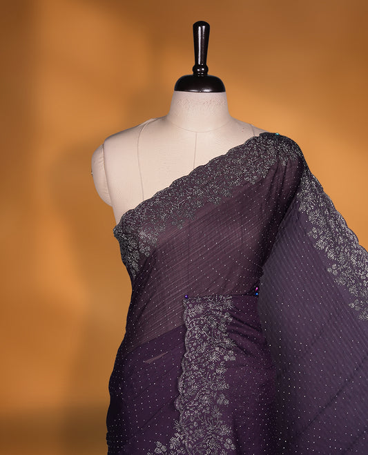 Dark Purple Colour Chiffon Designer Saree featuring Delicate White Stone Work All Over the Body, with Stone Detailing on the Border and Pallu, paired with a Matching Blouse.