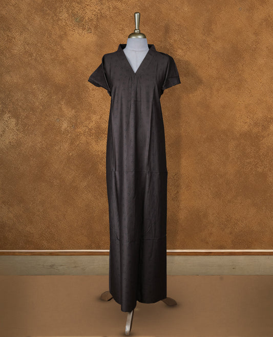 Military olive colour NStyle nighty featuring black moon patterns, a V neckline, short sleeves, and a full ankle-length design.