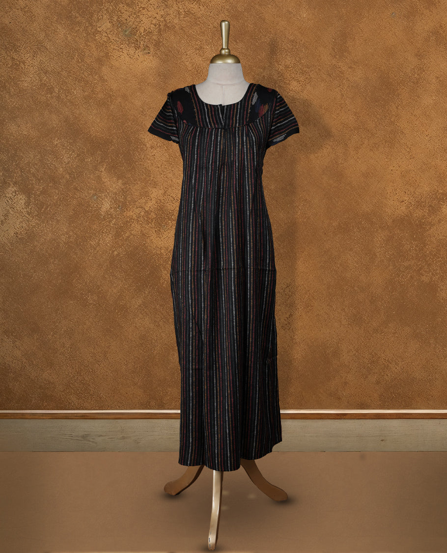 Black Colour NStyle nighty featuring multicolor striped patterns, a round neckline with leaf motif detailing, short sleeves, and a full ankle-length design.