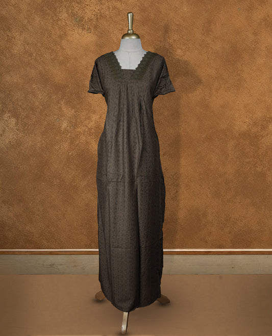 Dark olive colour Nstyle nighty with featuring a Black pattern, a V-neckline with lace detailing, short sleeves, and a full-length