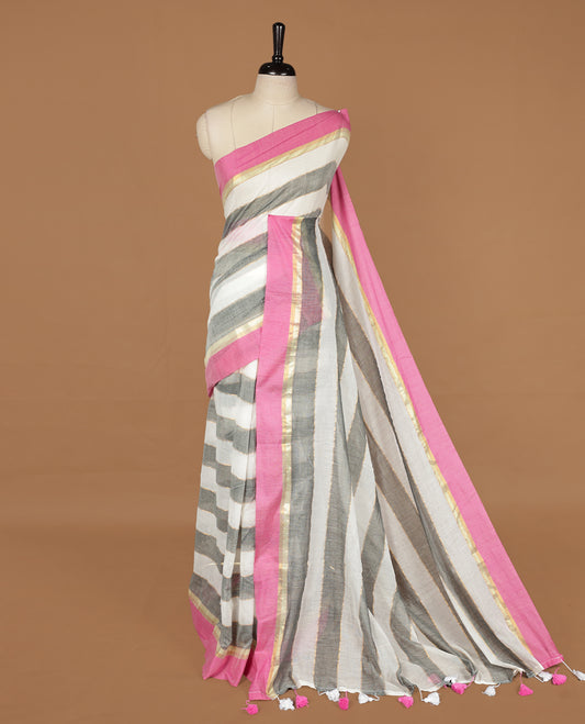 Off White & Grey saree with Pink tones, featuring a minimal plain design on the body, without blouse piece.
