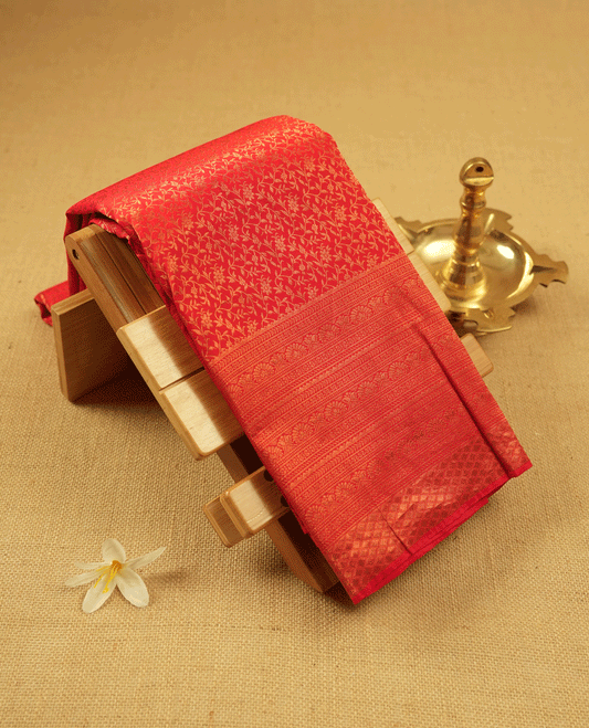 Red Kancheepuram Silk Brocade Saree having Floral Jaal Worked Body with Self Coloured Brocade Border and Blouse