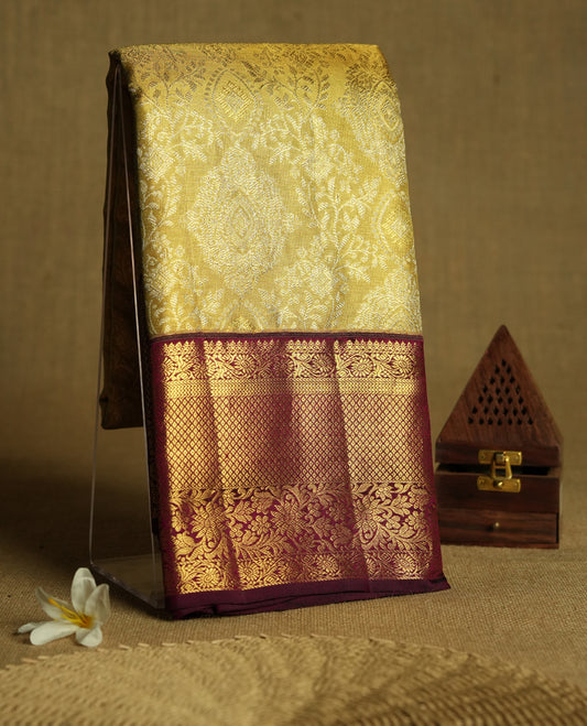 Golden Colour Tissue Wedding Silk Saree having Golden Jaal Worked Body and Maroon Border with Contrast Blouse