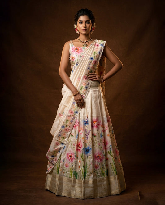 Off white colour semi stitched half saree featuring elegant pink colour floral prints, paired with a cream with traditonal zari border and matching printed dupatta ,paired with matching blouse piece.