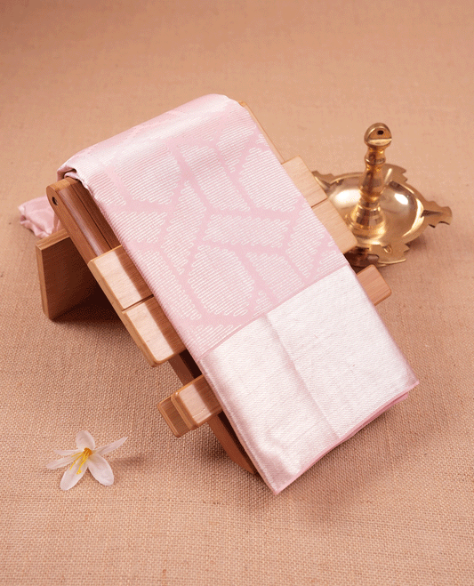 Rose Milk Colour Kancheepuram Wedding Silk Saree having Silver Zari Body and Border with Self Coloured Blouse