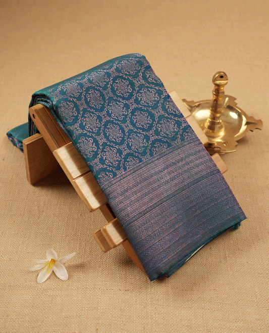 Peacock Blue Colour Kancheepuram Wedding Silk Saree having Floral Zari Worked Body with Border and Self Coloured Blouse