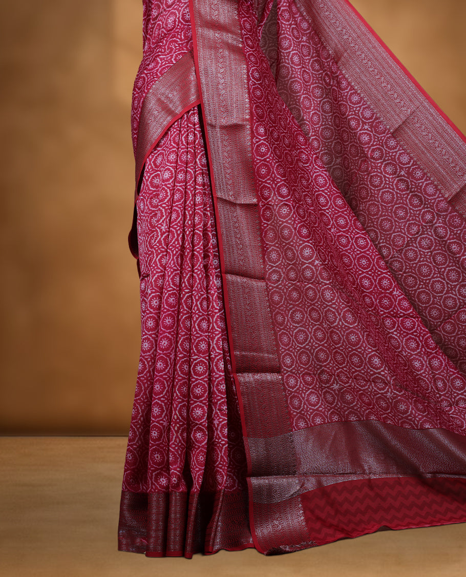 Red colour chanderi silk saree with Floral block print On body, compilmented by self colour border with antique zari pattern and a matching blouse.