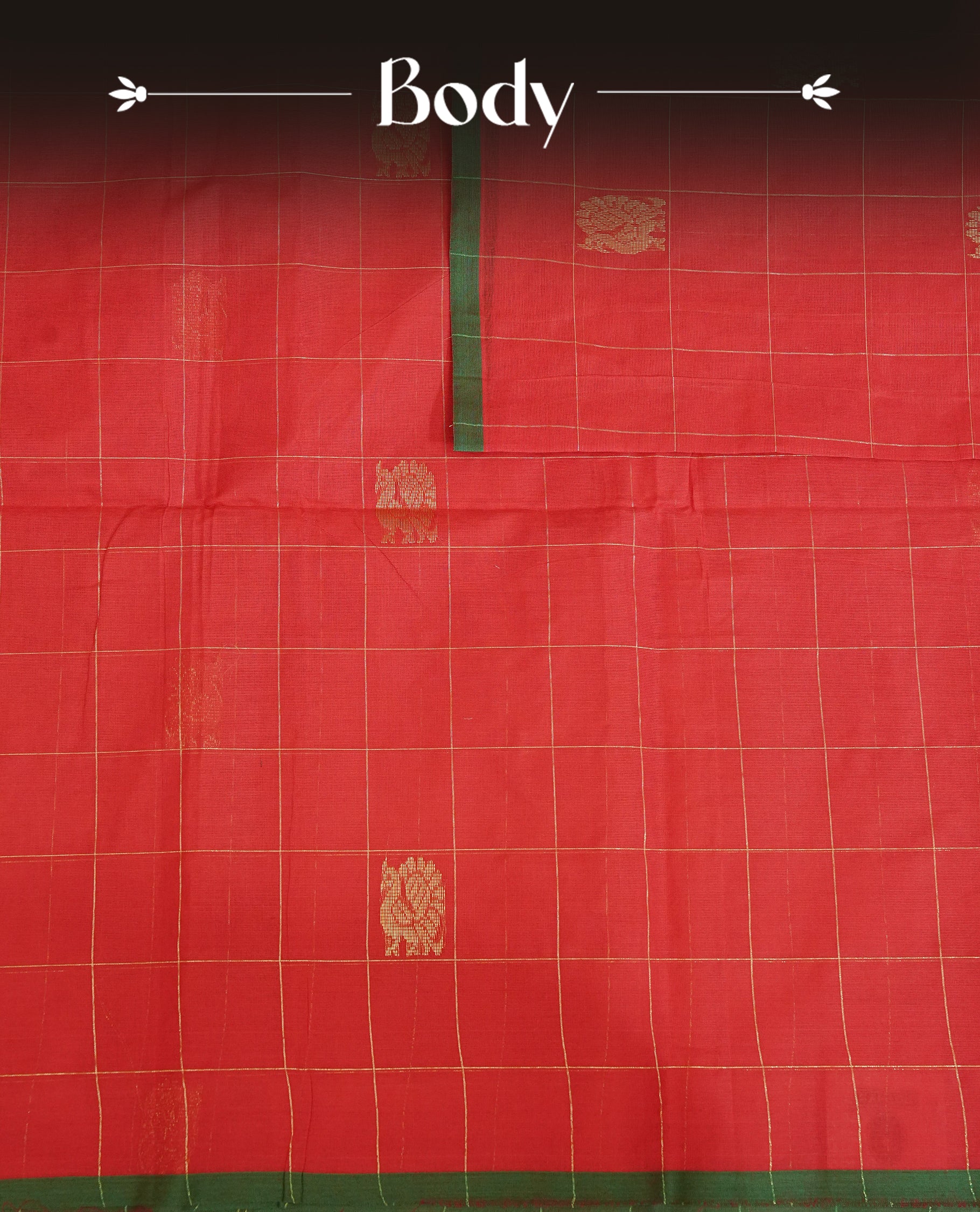 Red Colour Chettinad Cotton Saree Featuring Gold Zari Checks with Peacock Motifs on the Body, Complemented by a Minimal Green Border and a Grand Gold Zari Pallu, Paired with a Matching Blouse Piece.