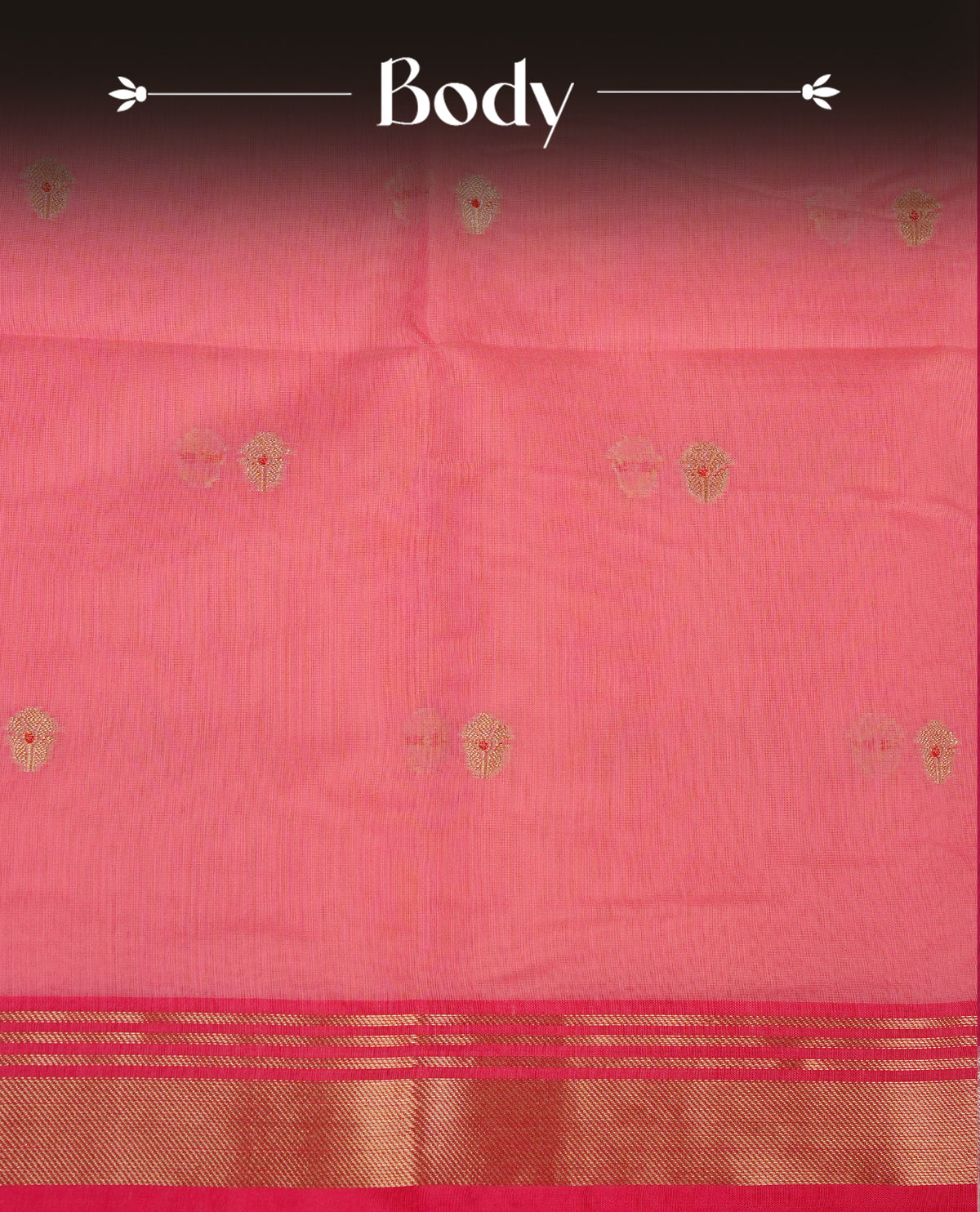Bright peach colour Maheshwari cotton saree, gold zari floral motifs on body, complement light pink colour gold zari border comes with matching blouse.