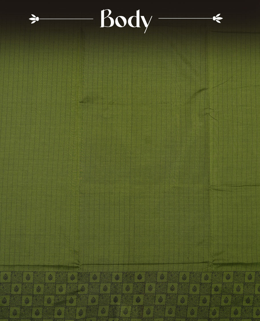 Olive Green colour poly cotton saree with black vertical dotted line pattern on the body, paired with a matching pallu featuring black zigzag geometric border, and a coordinated all‑over black stylised fleur‑de‑lis printed blouse piece.