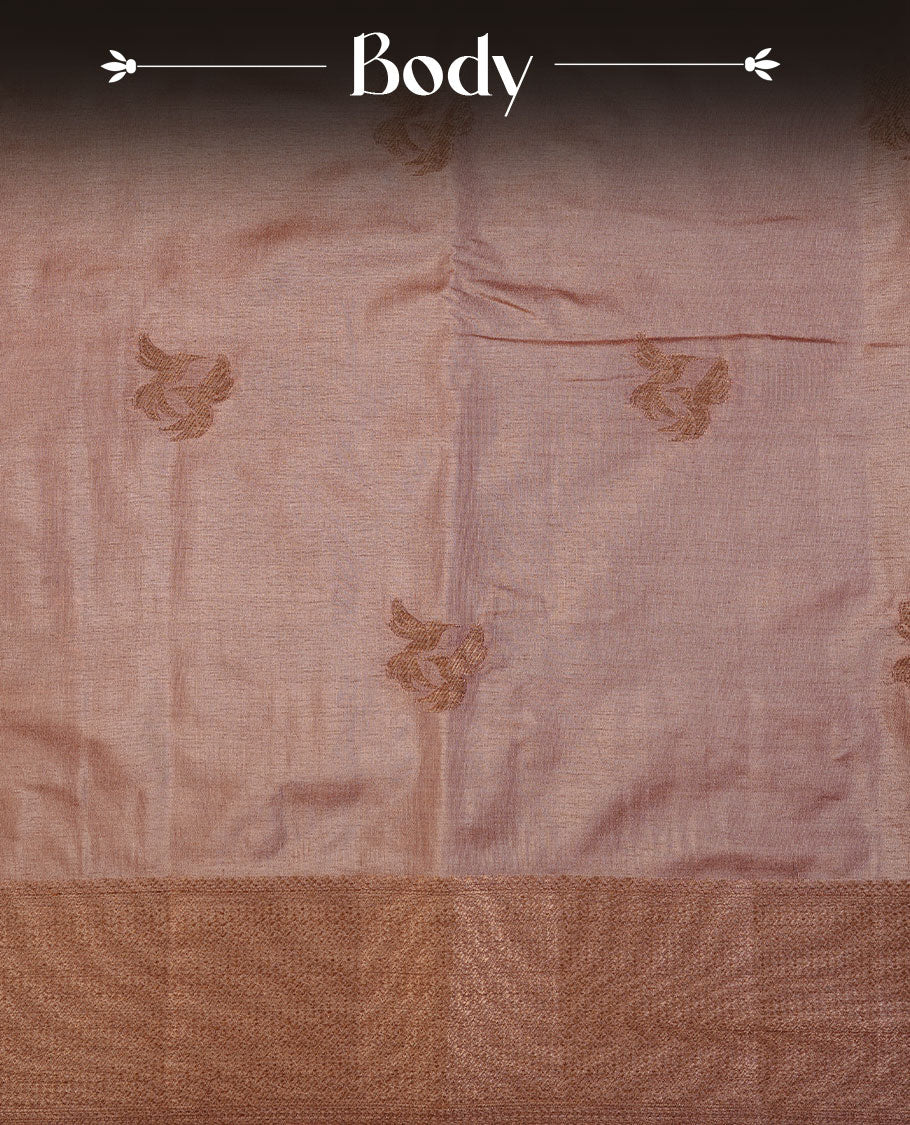 Coffee colour semi banaras tussar silk saree highlighting gold zari bird motifs on body, complemented by self colour with antique zari border, paired with matching blouse piece.