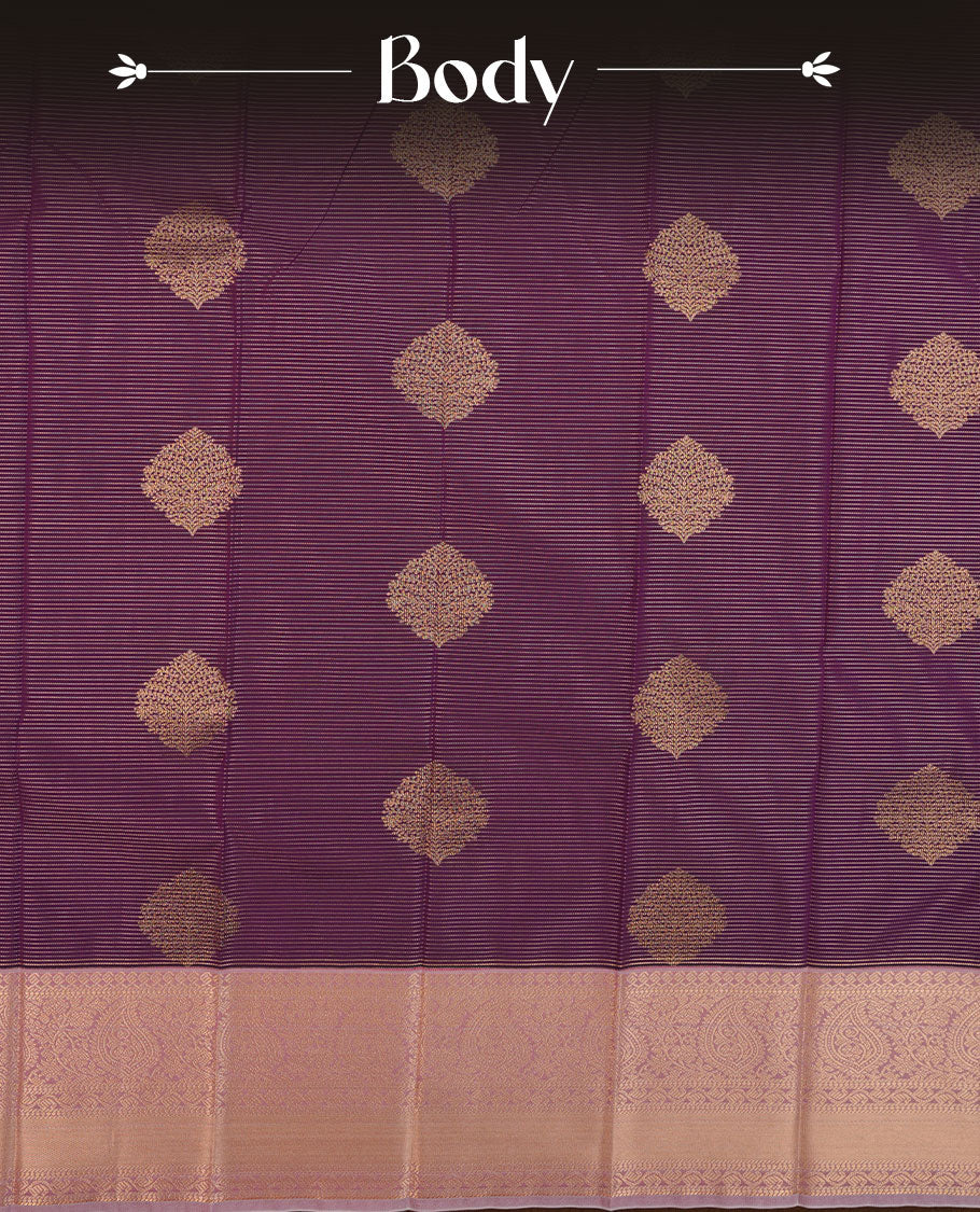 Purple colour semi silk saree highlighting gold zari strip pattern  and motifs across body, featuring contrast lavender colour border with gold zari pattern, comes with matching blouse .