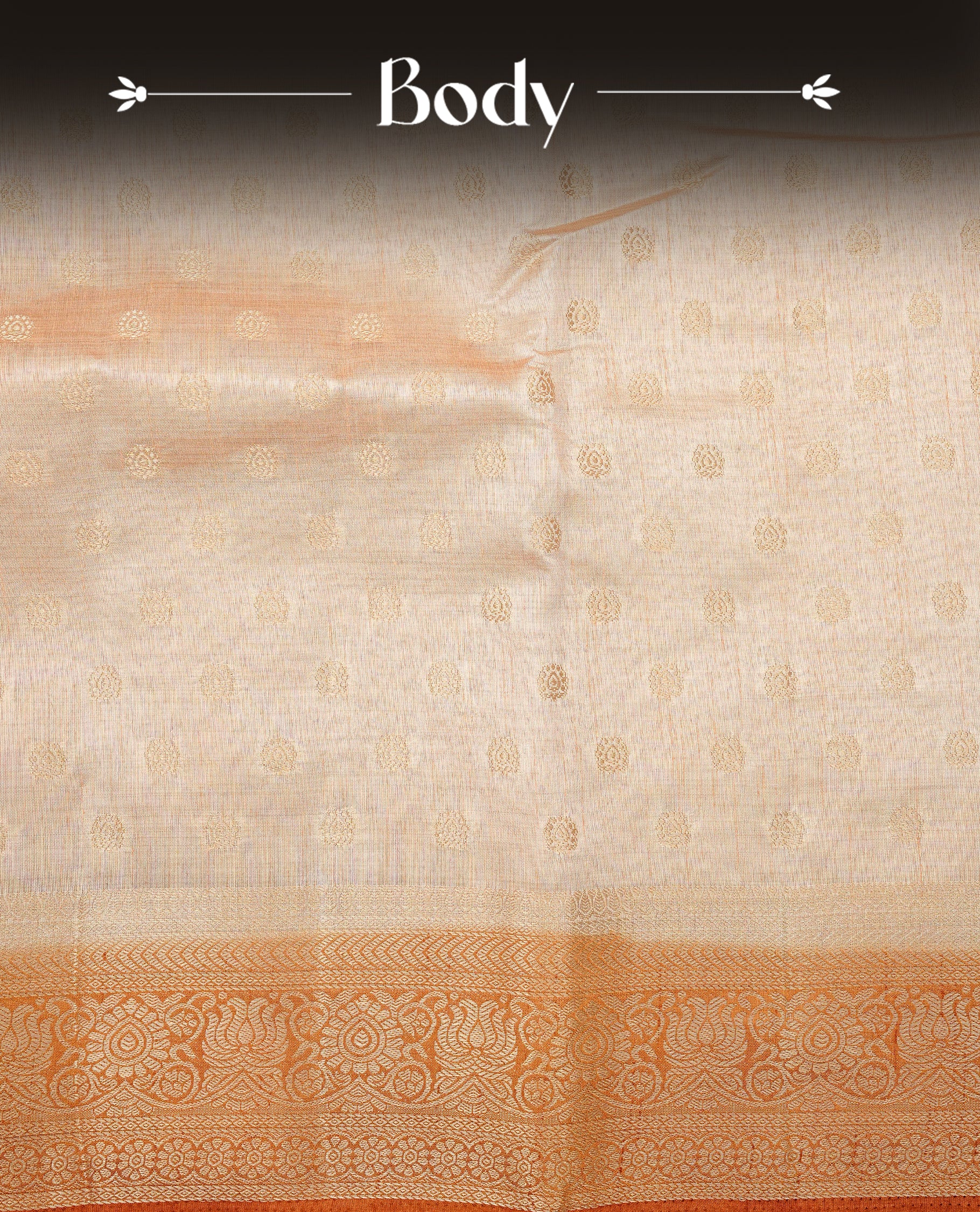 Light Gold Tussar saree featuring Gold zari buttas on body, complemented by contrast Mustard Colour with Gold zari border, comes with matching blouse piece.