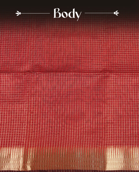Maroon colour Maheshwari cotton saree, gold zari small checks on body, complement self colour gold zari temple design border comes with matching blouse.