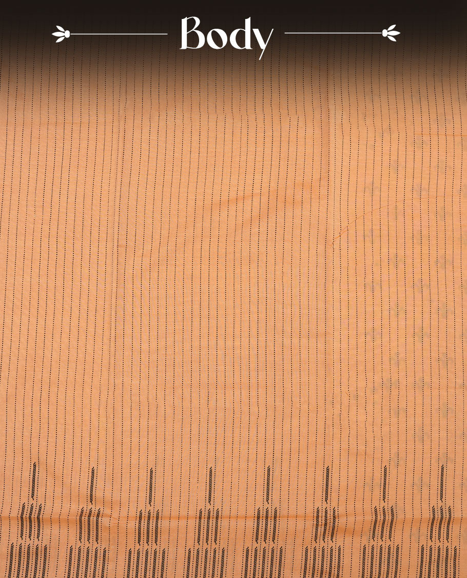 Pastel Orange colour poly cotton saree with black vertical dotted line pattern on the body, paired with a matching pallu featuring black zigzag geometric border, and a coordinated all‑over black stylised fleur‑de‑lis printed blouse piece.