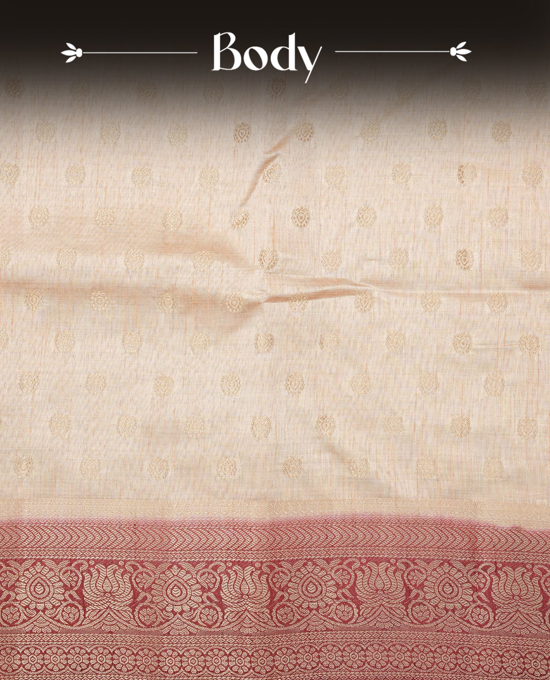 Light Gold Tussar saree featuring Gold zari buttas on body, complemented by contrast Maroon Colour with Gold zari border, comes with matching blouse piece.