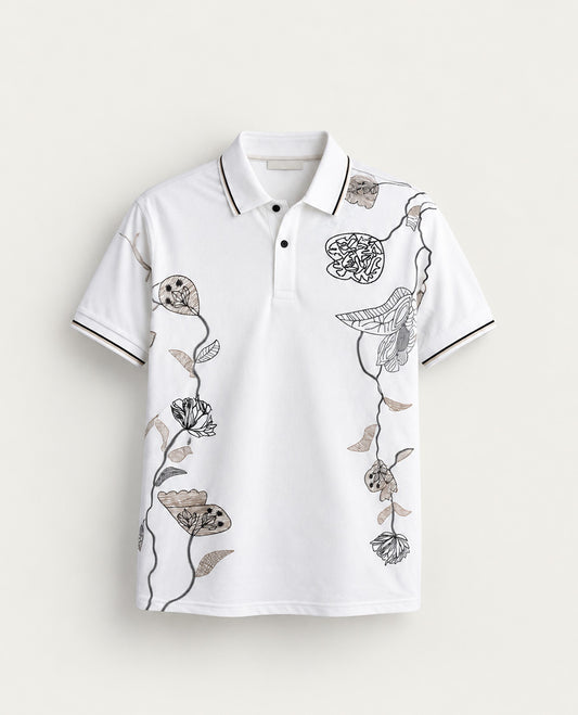 Off white colour Tshirt featuring Collar neck, Thread work on body and Half sleeve.