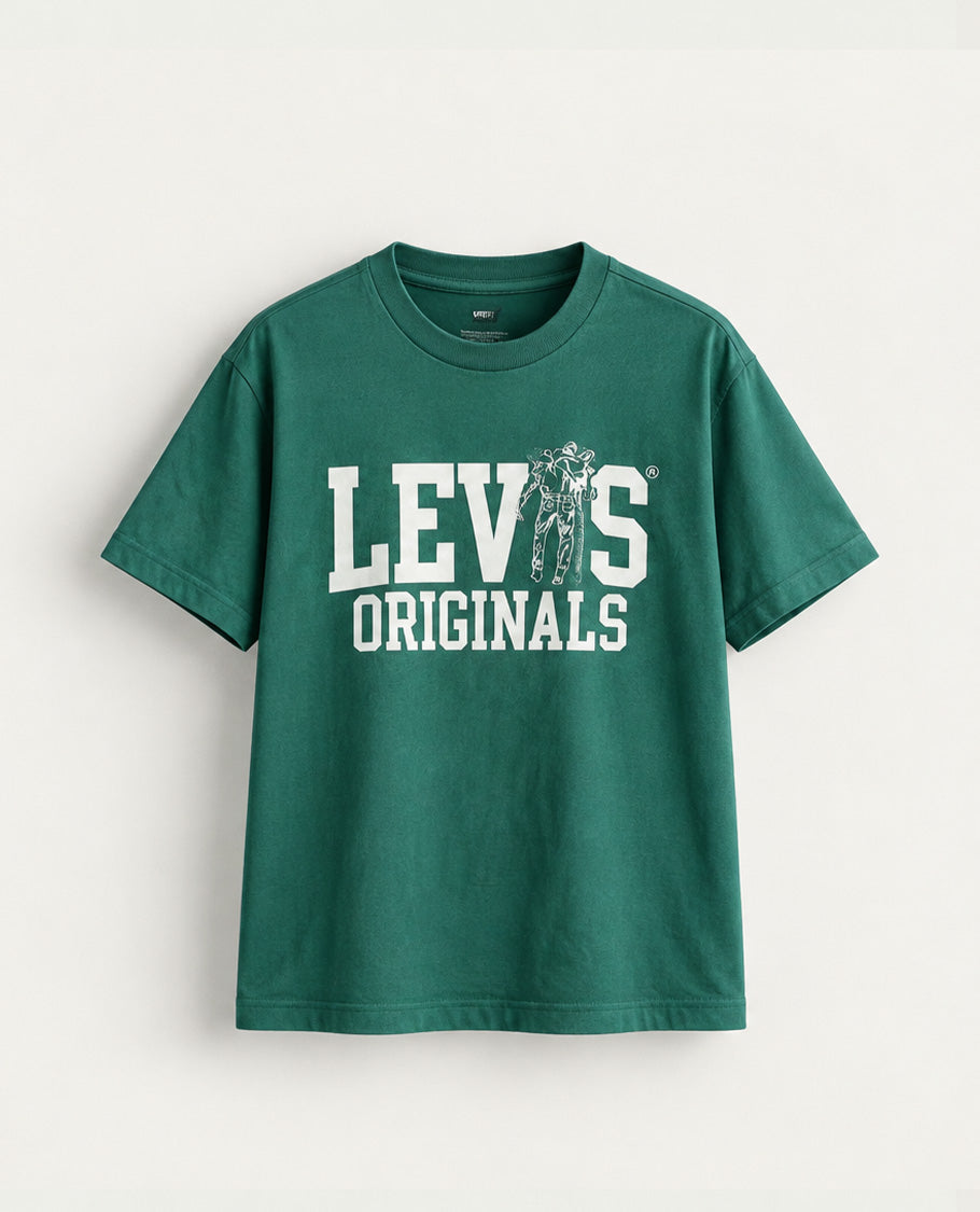 Green colour t shirt featuring round design neck, elegant Design body with a text, Half sleeve.
