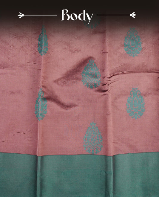 Dusty onion colour silk cotton saree featuring aqua green colour thread motifs on body thread detiled contrast borders & pallu, comes with matching blouse piece