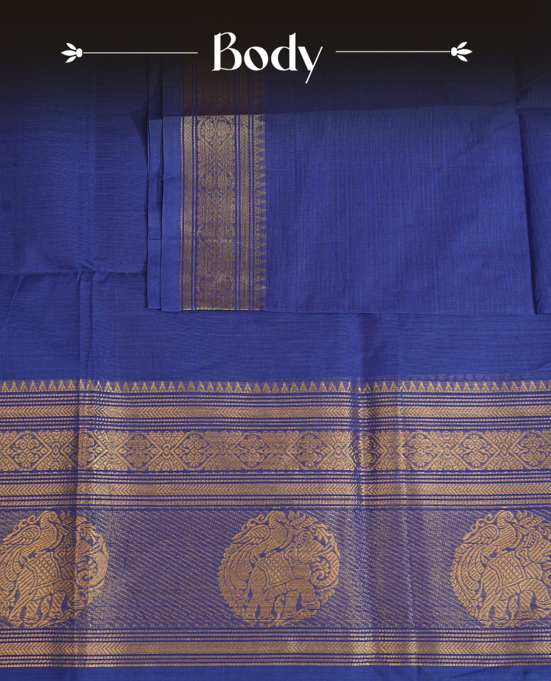 Blue colour chettinad cotton saree featuring Elegant plain body,Self colour with Gold zari border, comes with matching blouse piece.
